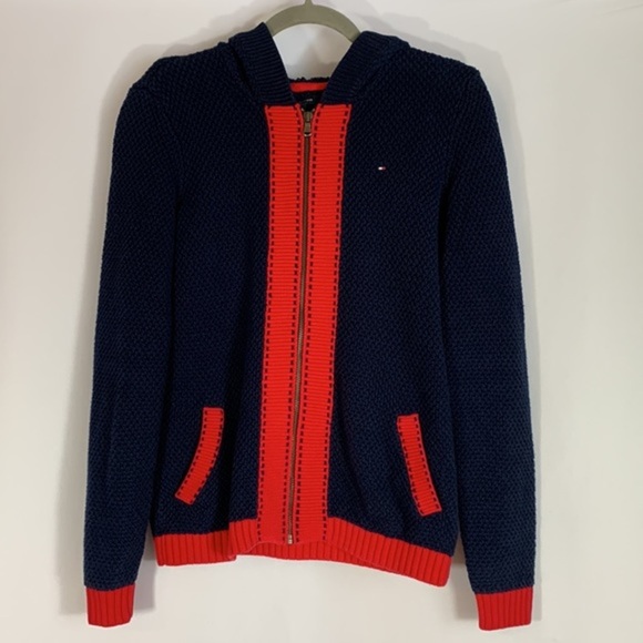 Tommy Hilfiger Navy Blue & Red Knit Zipper Sweater - Picture 1 of 8